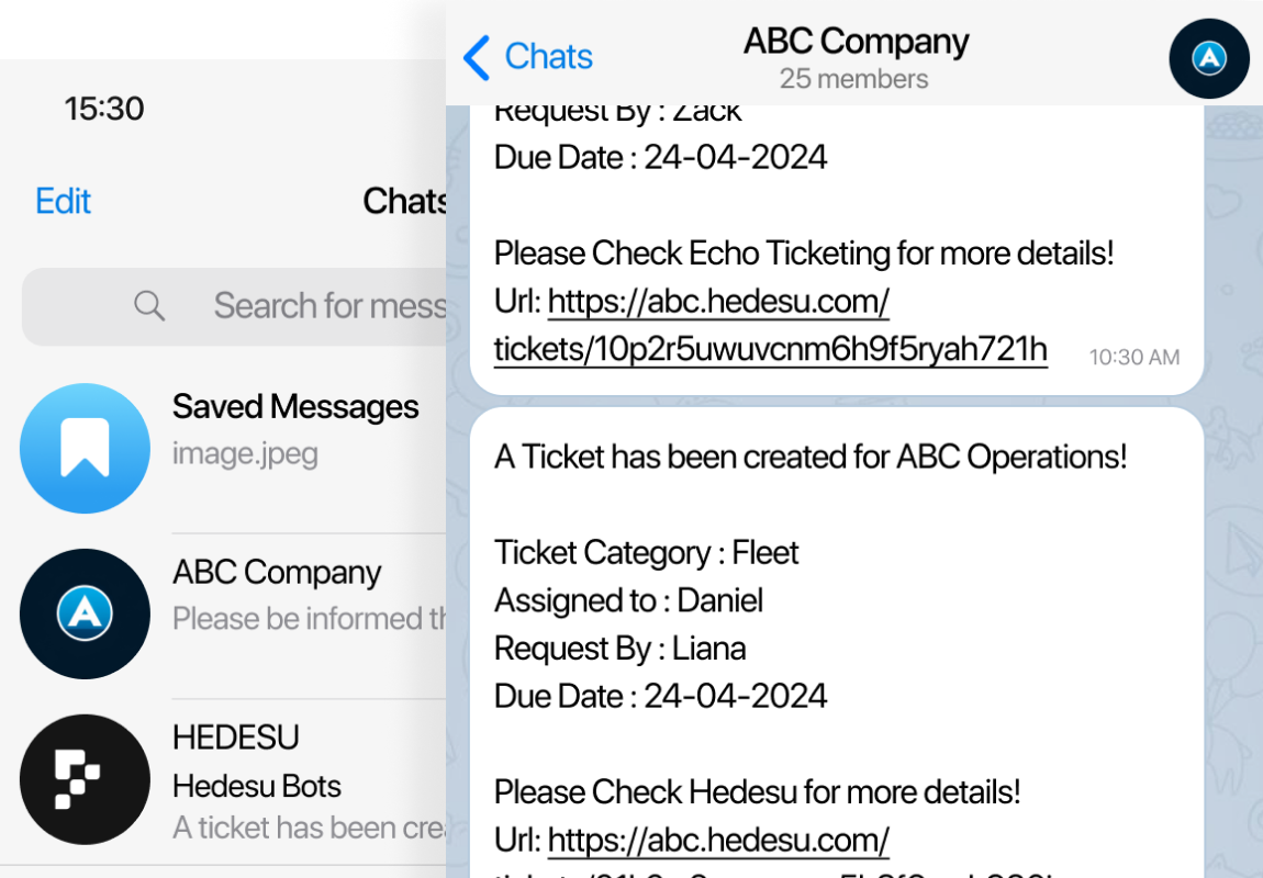 Telegram group notifications with links to HEDESU tickets